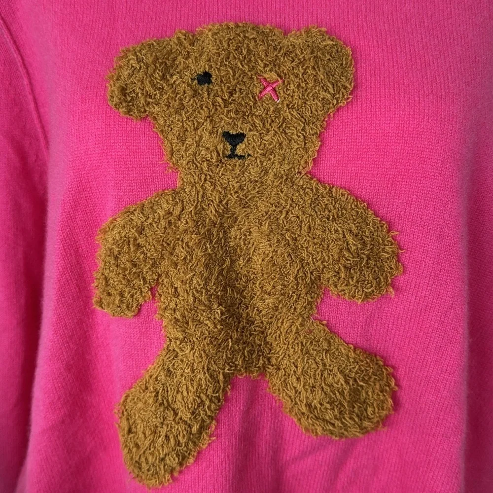 Lisa Todd Teddy Bear Graphic Intarsia Cashmere Sweater – Bright Pink – Size XL
